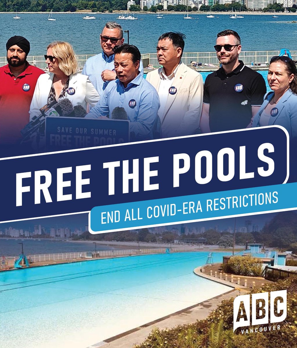 Vote4ABC's tweet photo. Vancouver deserves a Park Board that works for Vancouverites.

An ABC majority will deliver safe parks, new community centres, free swimming lessons, affordable recreation, and public pools that are accessible for everyone.

Residents shouldn't have to deal with outdated COVID-era restrictions just to enjoy a public pool. It's time for a Park Board focused on common sense, accessibility, and delivering results.

It's time to deliver the world-class, clean, safe parks and recreation facilities Vancouverites deserve.

#abcvancouver #publicsafety #affordability