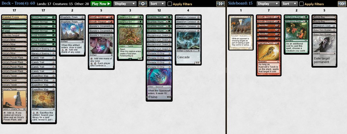 valimoth's tweet photo. Played the pauper challenge today, with monster tron, went 4-2 and made 10th place.
I'm right now adapting a bit of the sideboard, still not sold in some of the cards.
I fumbled R3 unfortunetly, so it is what it is.
Matchups below. https://t.co/WLksi4DPZS