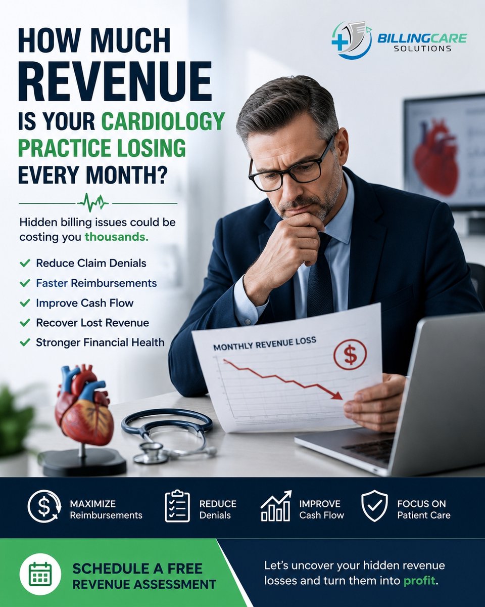 billingcaresol's tweet photo. How Much Revenue Is Your Cardiology Practice Losing Every Month?

Many cardiology practices lose thousands of dollars each month not because of patient volume, but because of preventable billing issues.

Common revenue leaks include:

• Claim denials & rejections
• Coding inaccuracies
• Delayed insurance reimbursements
• Uncollected patient balances
• Inefficient A/R follow-up

For CFOs and practice leaders, every delayed or denied claim impacts cash flow and profitability.

The right billing strategy helps you:

✅ Reduce claim denials
✅ Accelerate reimbursements
✅ Improve cash flow
✅ Recover missed revenue
✅ Focus on delivering exceptional patient care

Stop letting preventable billing errors impact your bottom line.

#CardiologyBilling #MedicalBilling #RevenueCycleManagement #RCM #HealthcareFinance #CFO #PracticeManagement #MedicalPractice #ClaimDenials #RevenueRecovery #HealthcareLeadership #BillingCareSolutions
