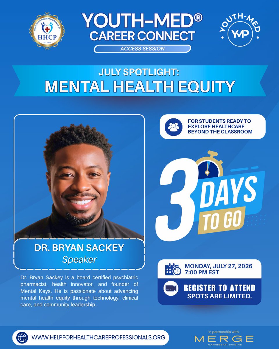 hhcpinc2's tweet photo. ⏳ 3 Days to Go!

This month's YOUTH-MED Career Connect: Access Session features @Dr. Bryan Sackey, a board-certified psychiatric pharmacist, health innovator, and founder of Mental Keys.

🔗 Register through the link in our bio or visit https://t.co/RHMTYnaFWi. https://t.co/BZhitw4YO1