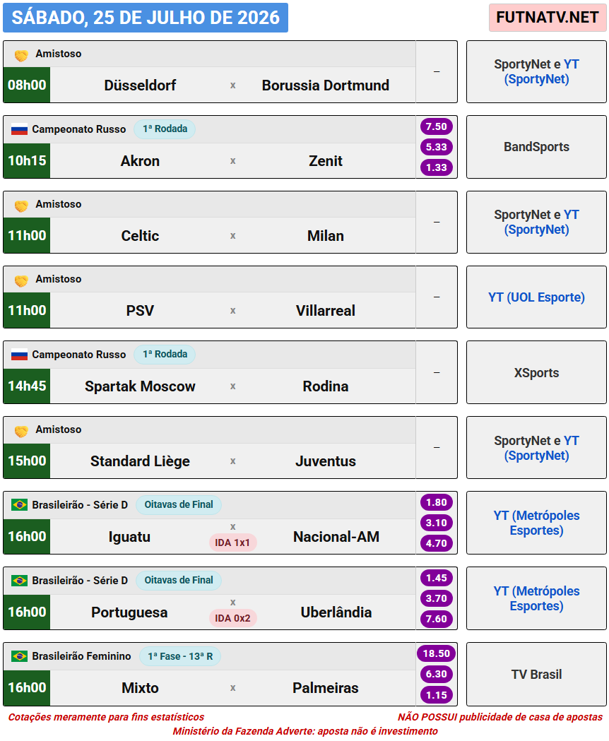 futnatv's tweet photo. A programação do futebol neste sábado (25/7/2026) https://t.co/k3bu0LRwDi