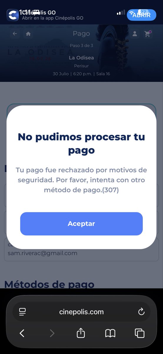 SammRiveraC's tweet photo. Ayer intenté comprar 2 boletos para ver la Odisea a través de @Cinepolis y me apareció esto; el problema es que sí me hicieron el cargo en mi cuenta bancaria. A mi novio le sucedió lo mismo… Ayudaa quiero ir a ver la odisea ,¿alguien ha tenido problemas con esto? 🥺🆘
#cinepolis https://t.co/qAePh5ypA4