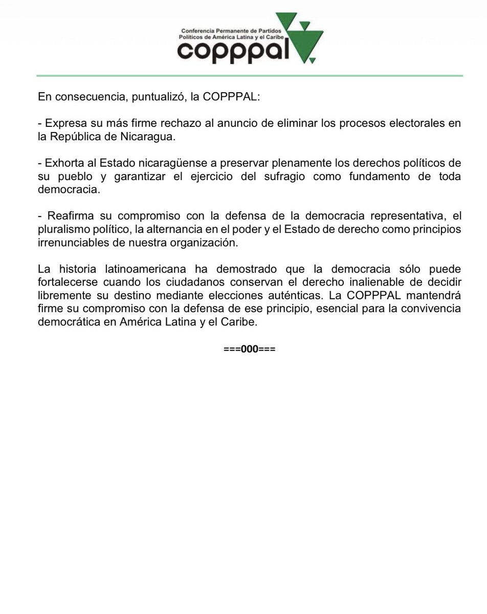 copppal_oficial's tweet photo. #Comunicado: La @COPPPAL_OFICIAL expresa su más firme condena a las expresiones del presidente Daniel Ortega de impedir la celebración de nuevas elecciones.

@alitomorenoc @sofiacarvajali https://t.co/JyADTt3fna