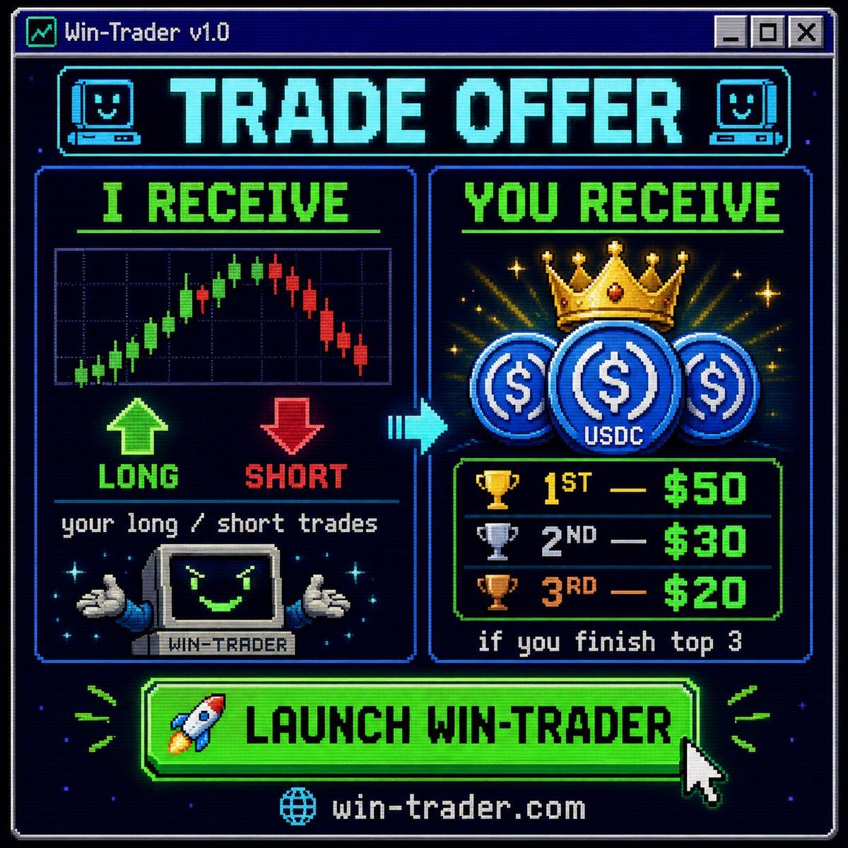 win_trader_dex's tweet photo. TRADE OFFER 🖥️

Win-Trader receives:

↗️ Your longs
↘️ Your shorts

You receive:

🥇 $50 USDC
🥈 $30 USDC
🥉 $20 USDC

The only catch? You need to finish in the top 3.

Seems fair to us. 🤝 https://t.co/eJAq2yliAe
