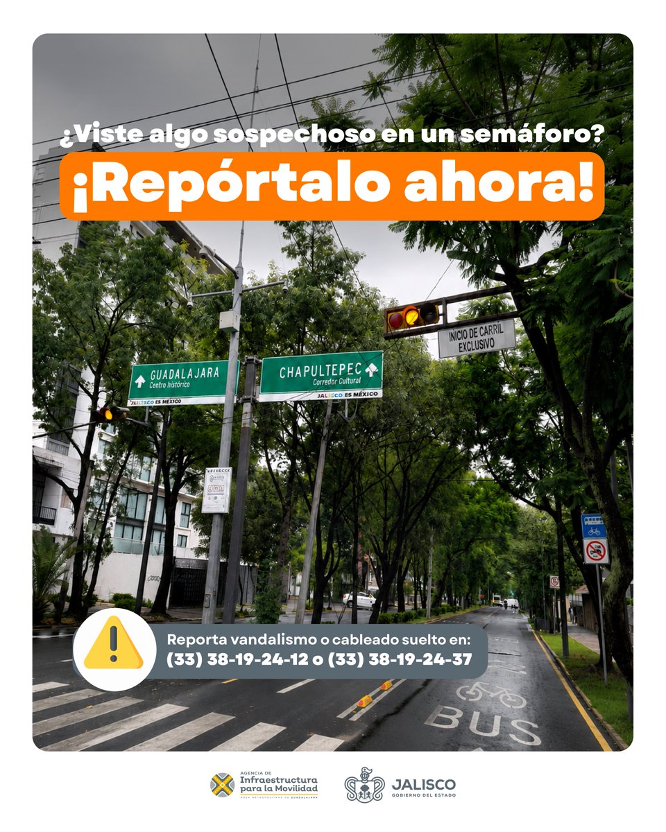 AgenciaAMIM's tweet photo. ⚠️ ¿Viste cableado suelto o algo sospechoso en un semáforo? ¡Repórtalo ahora!

El vandalismo daña la infraestructura vial y afecta a todas y todos. Ayúdanos a detectarlo a tiempo.

📞 (33) 38-19-24-12 o (33) 38-19-24-37

#AMIM #SemáforosAMG https://t.co/V3nXSIWCLr