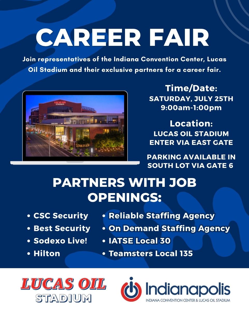 icclos's tweet photo. 🚨 Don’t forget! Our Career Fair is happening tomorrow at Lucas Oil Stadium! 🏟️

Stop by from 9 a.m.–1 p.m. to meet with hiring teams from the Indiana Convention Center, Lucas Oil Stadium, and our exclusive partners.

📍 Lucas Oil Stadium (Enter via East Gate)
🅿️ Parking available in the South Lot via Gate 6

Come explore opportunities and find your next career move! 👏