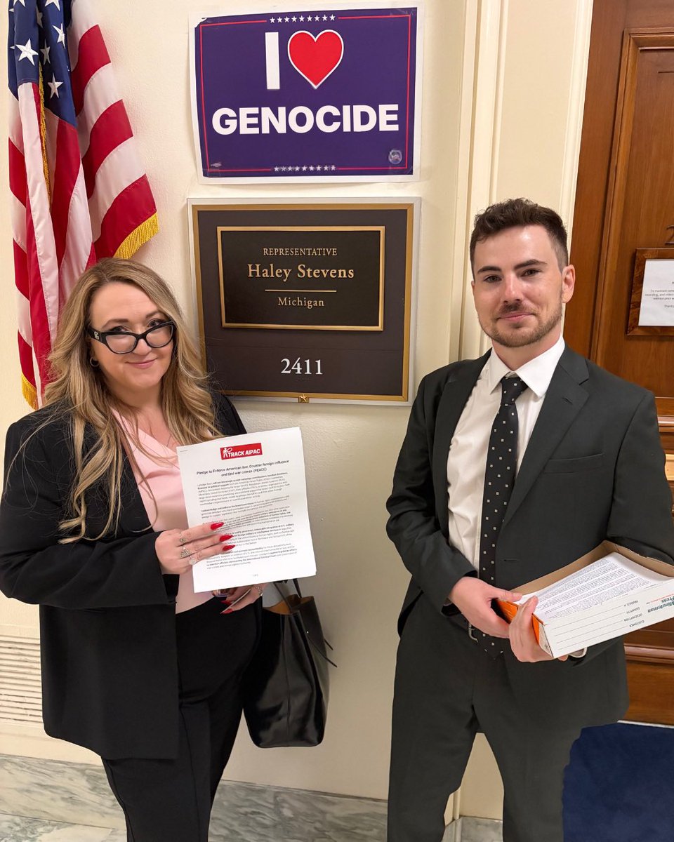 TrackAIPAC's tweet photo. Track AIPAC hit Capitol Hill this week to introduce the PEACE Pledge to Members of Congress.

We fixed your sign, @HaleyforMI! https://t.co/aOBAv2ujk5