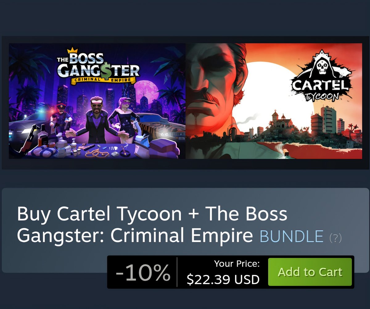 thebossgangs's tweet photo. Two criminal empires. One powerful bundle. 🔥
Cartel Tycoon &amp; The Boss Gangster 
https://t.co/PLMBbHH7xc
@carteltycoon @tripwireint @tinybuild https://t.co/4kNMtxTinO