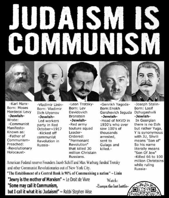 DonnyServusDei's tweet photo. Communism is a J*wish invention.
It was created to DESTROY out Western Nations and OPPOSE our traditions and values.

Fascism, National Socialism, and Third Positionism as a whole was created in OPPOSITION of Communist aggression.

NEVER let J*wish-Communism win. https://t.co/CPboYXaygx