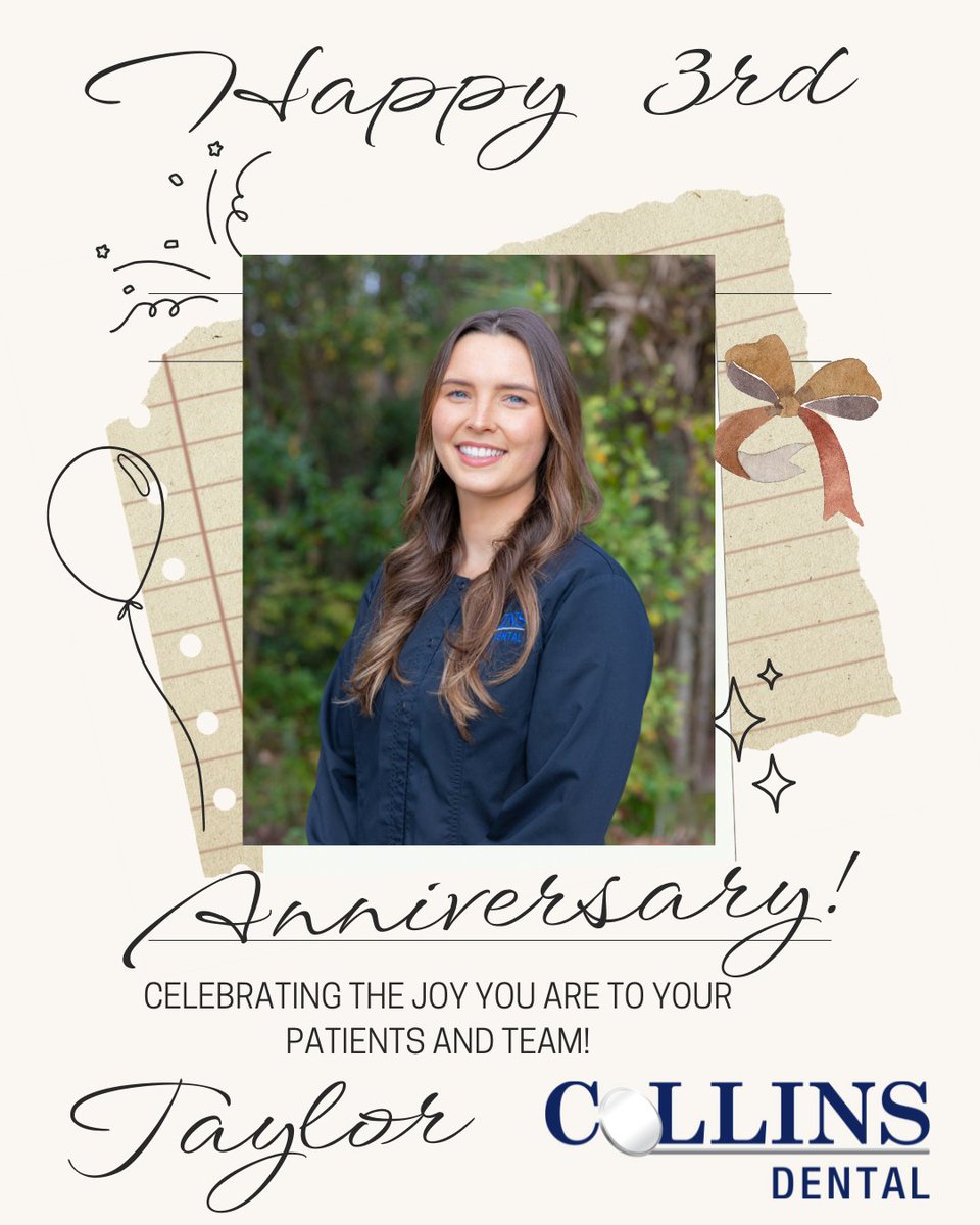 ChangingSmiles's tweet photo. Celebrating 3 years of excellence with our hygienist Taylor! 🎉 Thanks for your dedication and teamwork. #CollinsDental #Anniversary #TeamTaylor https://t.co/UTeJpXlbeV