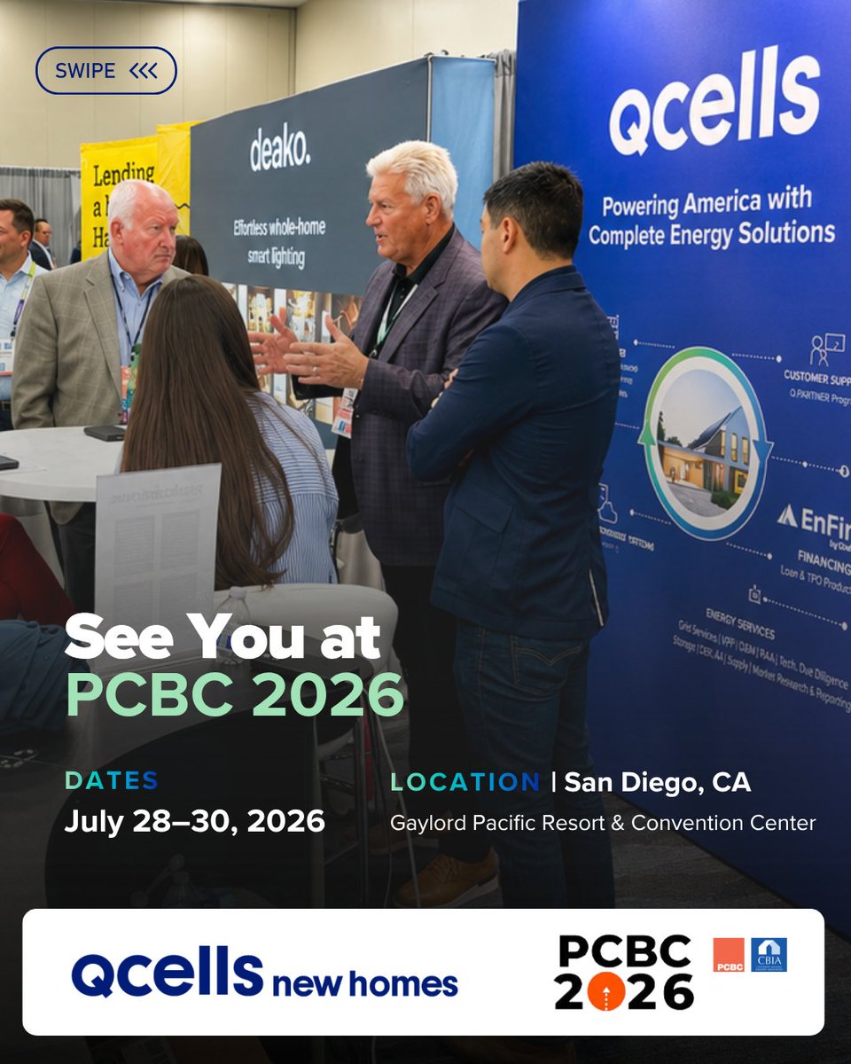 Qcells_NA's tweet photo. ⏳ 4 days to #PCBC2026!

Find the Qcells New Homes team at @PCBC_TheShow Booth #318 in San Diego, July 28-29, and see how complete clean energy solutions make new homes smarter, more efficient &amp; future-ready. ☀️🏠

Still time to register 👉 https://t.co/ivp3hOaSyu https://t.co/IWC3HID3nU