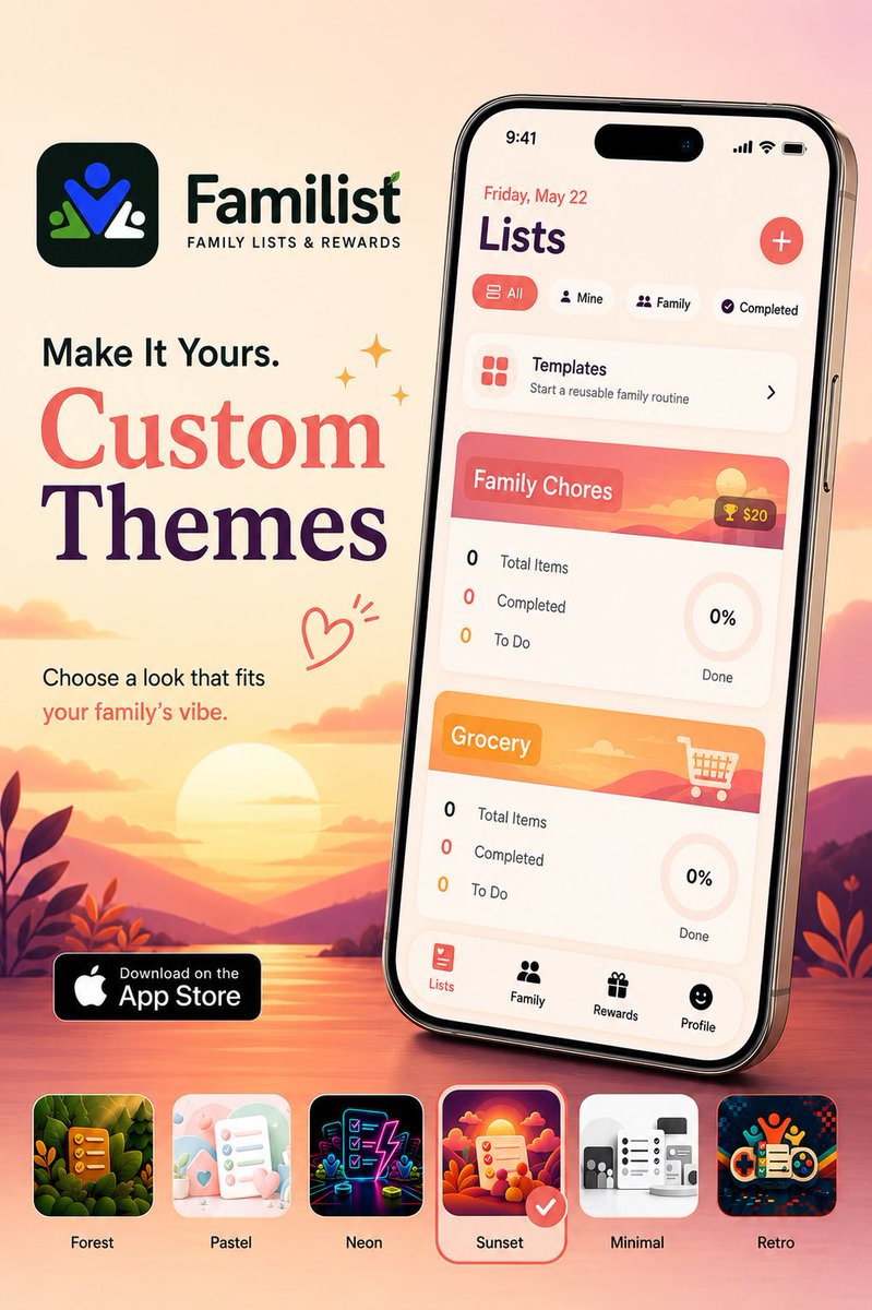 CaceleDigital's tweet photo. 🌅 Organization just got more personal.

Customize Familist with beautiful themes like Sunset, Forest, Pastel, Retro, and more.

Same app. Your style.

Download: https://t.co/9qCxzMD74t

#Familist #CustomThemes #Productivity #FamilyOrganizer #AppStore https://t.co/HGVhFERrsn