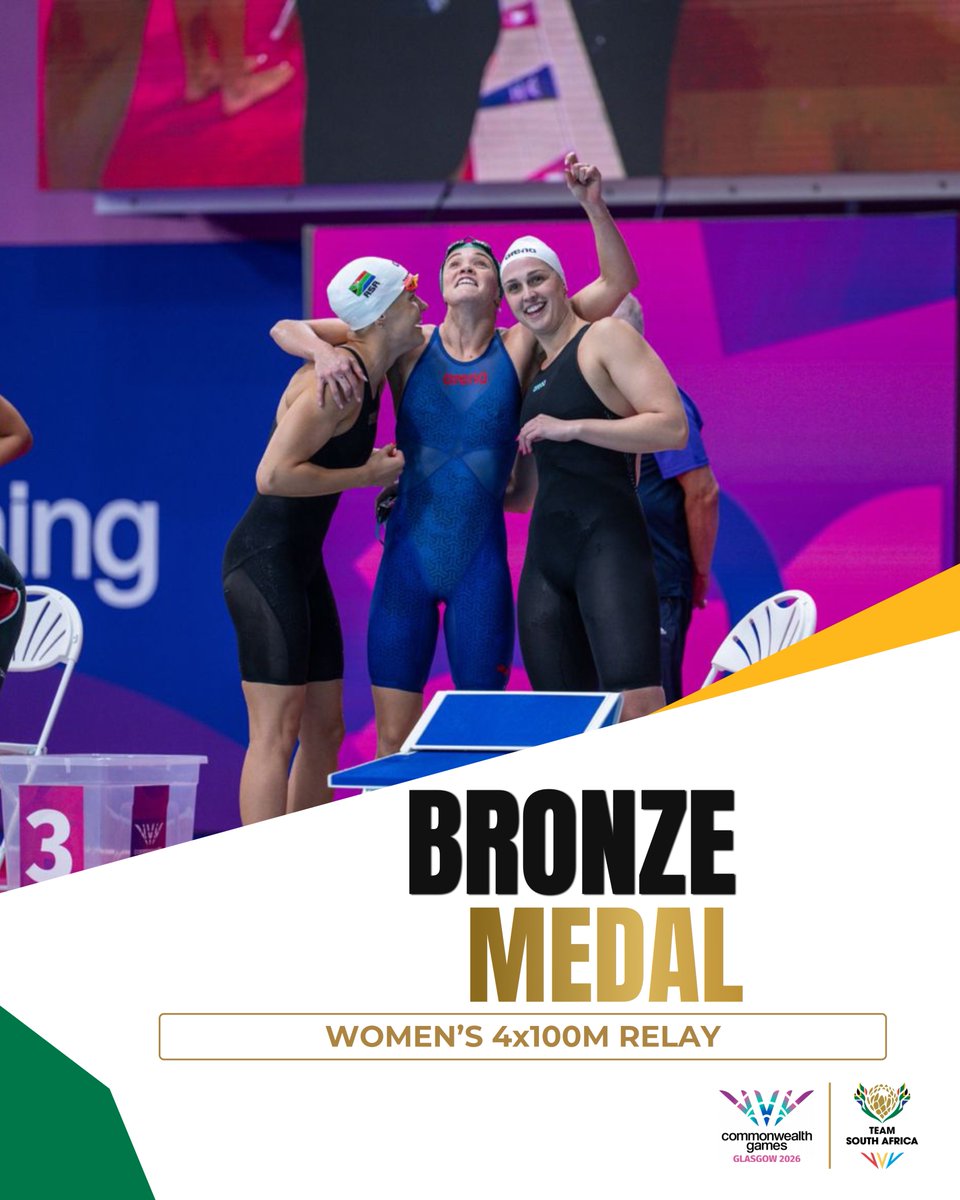 OfficialTeamRSA's tweet photo. BRONZE MEDAL! 🥉🇿🇦

Aimee Canny, Rebecca Meder, Erin Gallagher and Olivia Nel have claimed BRONZE in the Women’s 4 x 100m Freestyle Relay at Tollcross Swimming Centre! The team touched in 3:38.67.

What a performance in the pool tonight! Bring it home, Team SA! 💪💙

#TeamSA #Glasgow2026 #Swimming #CommonwealthGames