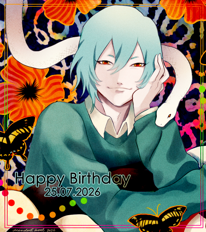 decadentboat's tweet photo. 🌺🐍Happy Birthday Mitsuki!🐍🌺 
A bit earlier, but sometimes I don't trust my programed posts. It's summer themed as always, but I don't see Mitsuki using short sleeves for some reason... https://t.co/cJpllDtMYu