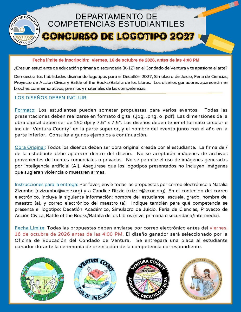 VenturaCOE's tweet photo. Attention students! Be creative and enter the Logo Contest for VCOE Student Competitions before Oct. 16. The winning entries will be the official logos for the Science Fair, Mock Trial, and other popular events. Learn more here: https://t.co/cjY6ufhqwy https://t.co/CV4KeiuzAk