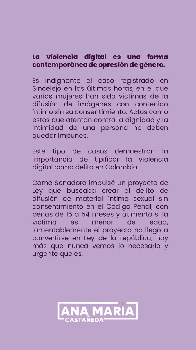 AnyMarCas's tweet photo. La violencia digital es una forma contemporánea de opresión de género. 
Es indignante el caso registrado en Sincelejo en las últimas horas, en el que varias mujeres han sido víctimas de la difusión de imágenes con contenido íntimo sin su consentimiento. !No más impunidad! https://t.co/twgaXX8Ujc