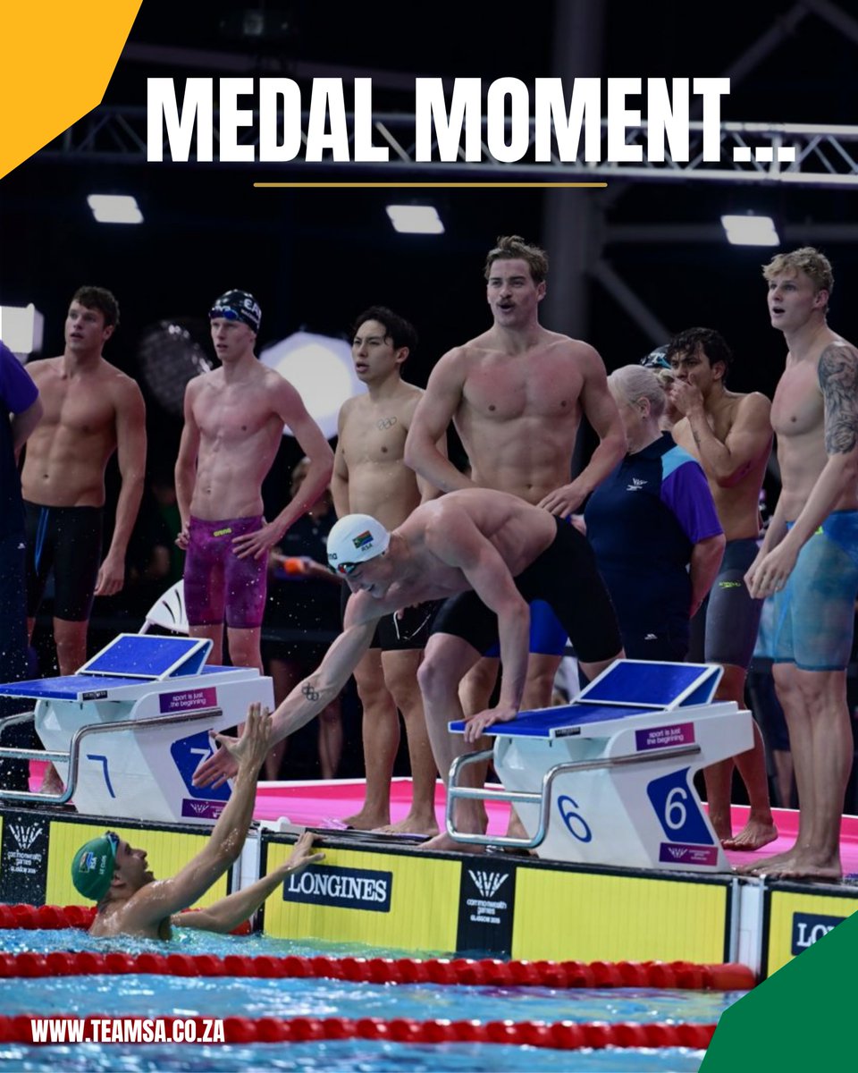 OfficialTeamRSA's tweet photo. 🥉 BRONZE FOR TEAM SA! 🇿🇦

Team South Africa has claimed bronze in the Men's 4x100m Freestyle Relay, with Pieter Coetze, Guy Brooks, Ruard van Renen and Chad le Clos stopping the clock in 3:13.99.

The medal also marks a historic milestone for Chad le Clos, who has now won 19 Commonwealth Games medals, making him the most decorated male athlete in Commonwealth Games history. 👑🐐

History made. Congratulations, Team SA! 

#TeamSA #ForMyCountry #Glasgow2026 #CommonwealthGames