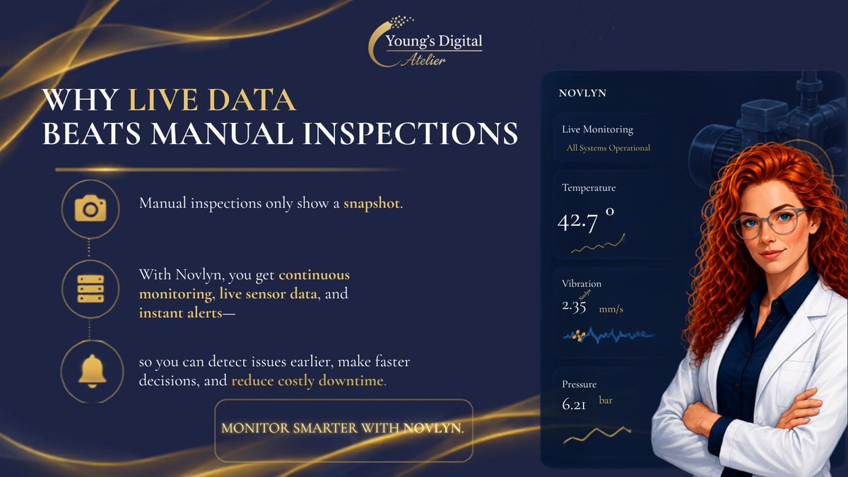 YoungsAtelier's tweet photo. Manual inspections show one moment.

Live data shows everything.

Monitor equipment in real time, catch issues earlier, and reduce costly downtime with Novlyn.

#Novlyn #YoungsDigitalAtelier #NanoSensors #SensorData #IoT #DataIntelligence https://t.co/cWZIhhWPiq
