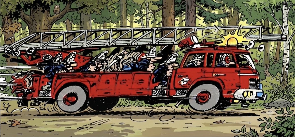 Franquin_Cie's tweet photo. Force et courage à tous les sapeurs-pompiers et aux équipes mobilisées face aux incendies. 
#incendie #Gironde
(Dessin : Franquin uniquement pour le camion. Décor de fond modifiés.) https://t.co/SoQyBhas2g