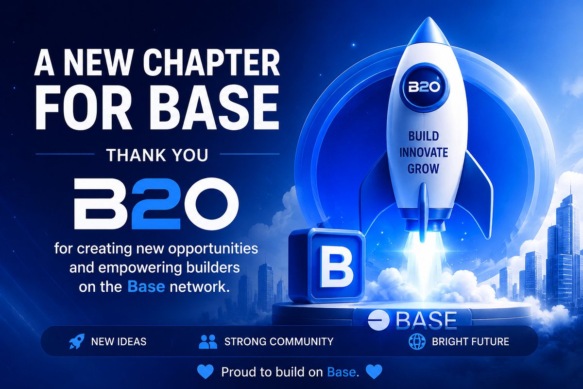 Oleg17971's tweet photo. 🚀 A New Chapter for the Base Ecosystem

Today, we would like to express our sincere gratitude to B20 for creating new opportunities for builders, developers, and communities across the Base network.

Every successful project begins with an idea. But turning that idea into reality requires the right environment and support. B20 is opening new doors for creators, giving them the opportunity to build, innovate, and bring their visions to life within the Base ecosystem.

On behalf of the ROCKET team, we sincerely appreciate your contribution to the growth of innovation and your support for emerging projects. Platforms like B20 inspire teams to build with transparency, ambition, and a long-term vision.

Thank you, B20, for creating an ecosystem where ideas become products, communities become stronger, and innovation has the opportunity to thrive.

The future of the Base ecosystem is being built today, and we are proud to be part of this journey. 💙🚀

#B20 #Base #BuildOnBase #Web3 #Crypto #Blockchain #Innovation #ROCKET