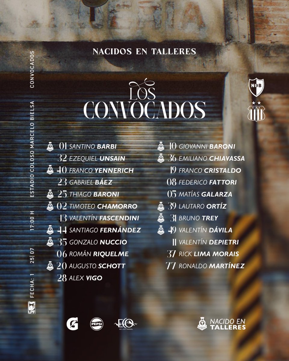 CATalleresdecba's tweet photo. 📋 | #Convocados por Jorge Sampaoli para jugar ante Newell's Old Boys por la fecha 1 del Torneo Clausura Mercado Libre 2026.
🔜 Mañana.
⌚️ 17:00 horas.
🏟️ Estadio Coloso Marcelo Bielsa.
📺 ESPN Premium.
🔵⚪️ #NacidosEnTalleres #TorneoMercadoLibre 2026 🏆 https://t.co/WoyTlHag6t