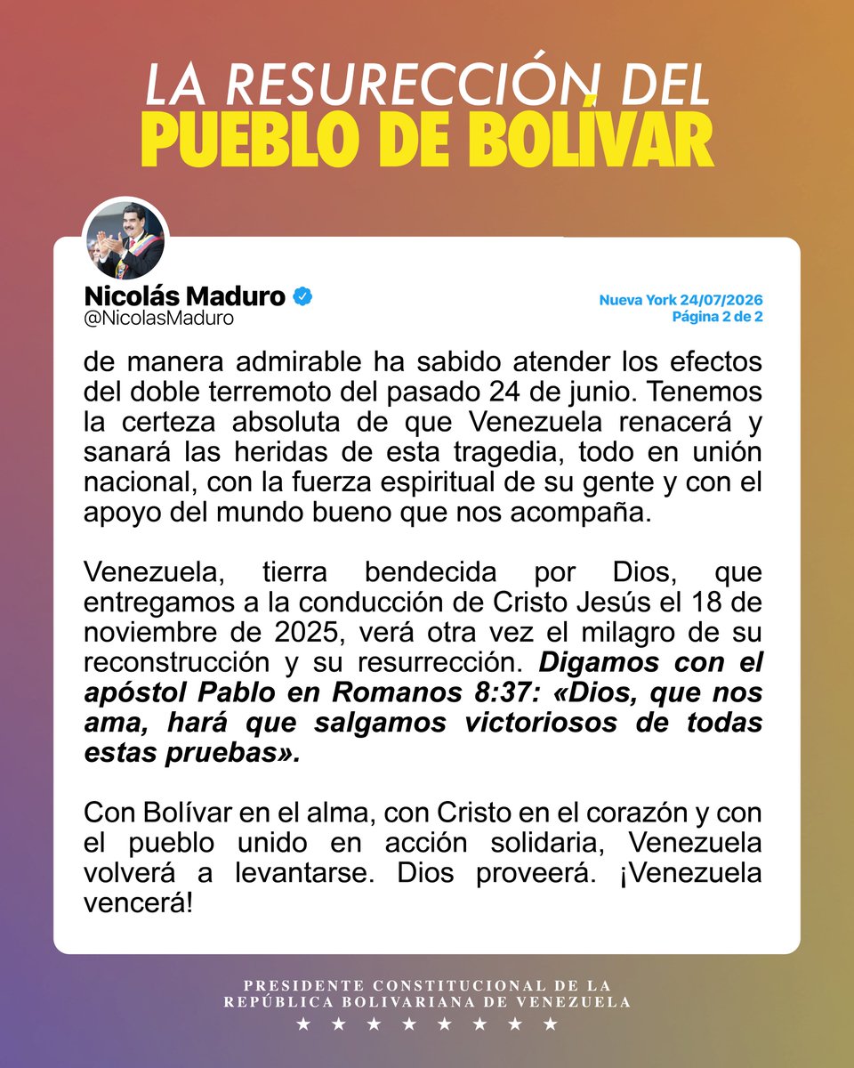 NicolasMaduro's tweet photo. Al cumplirse 243 años del nacimiento de nuestro Libertador Simón Bolívar, el hombre que entregó todo por nuestra dignidad y existencia, podemos decir con orgullo que su proyecto vive hoy más que nunca en la verdad, conciencia y en el espíritu de su pueblo nuestroamericano. https://t.co/qdw8dpt83Z