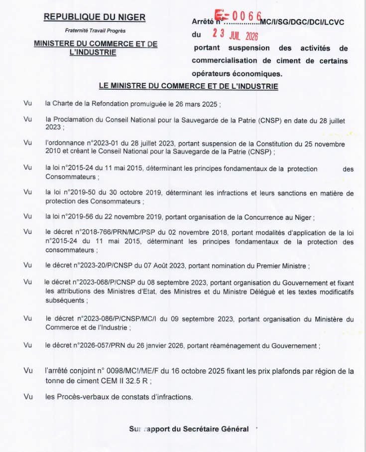 VoxelAC's tweet photo. 🔴 #Niger 🇳🇪 | #ciment : Arrêté 0066 MC/I/SG/DGC/DCI/LCVC du 23 juillet 2026 portant suspension des activités de commercialisation de ciment de certains opérateurs. https://t.co/KgOIQBOYbB