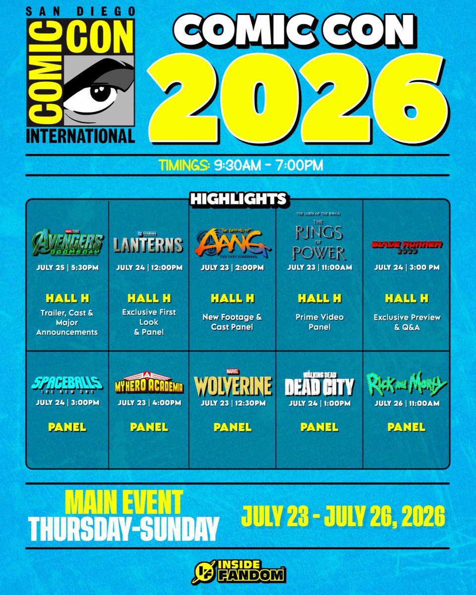 InsideFandom's tweet photo. The schedule for San Diego COMIC-CON 2026. https://t.co/96BqmvSnST