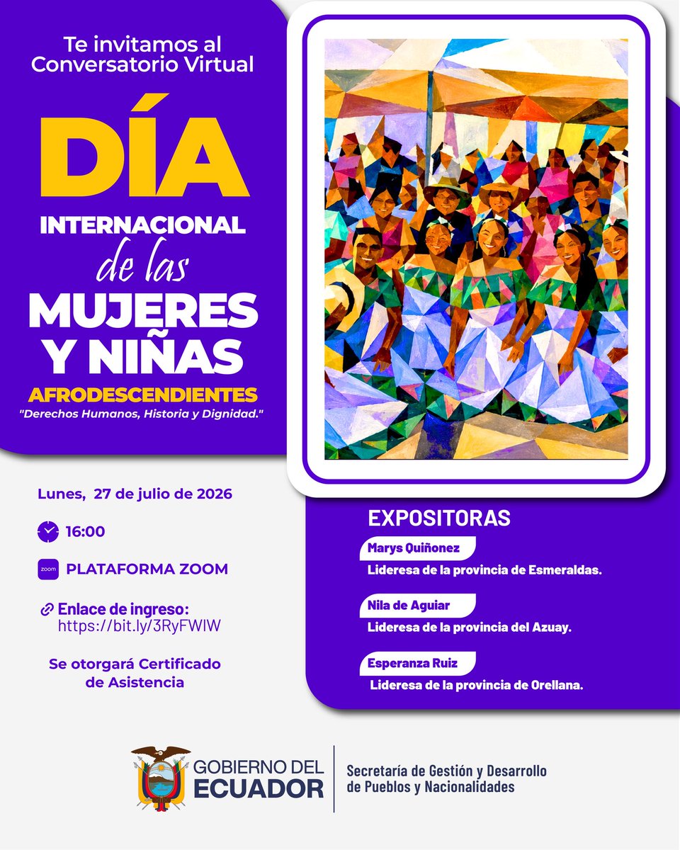Secretaria_PyN's tweet photo. TE INVITAMOS A ESTE ESPACIO DE DIÁLOGO 🎙️💜
En el marco del Día Internacional de las Mujeres y las Niñas Afrodescendientes, la Secretaría de Gestión y Desarrollo de Pueblos y Nacionalidades te invita a participar en el conversatorio virtual "Derechos Humanos, Historia y Dignidad" https://t.co/Vu4BylBJVG