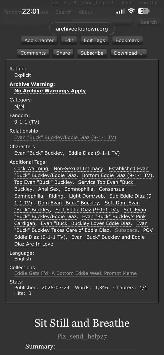 plz_send_help27's tweet photo. Bottom Eddie week day 1- fixation- cockwarming

“Sit Still and Breathe” |4.3k|E| by plz_send_help27 on ao3

☺️b!Eddie T!Buck ofc
☺️cock warming
☺️Eddie needs to sit on bucks cock to calm down
☺️Buck is happy to help

🔗 https://t.co/UHsSBPbie3 https://t.co/IUW4Z5Hlac