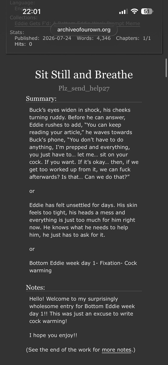 plz_send_help27's tweet photo. Bottom Eddie week day 1- fixation- cockwarming

“Sit Still and Breathe” |4.3k|E| by plz_send_help27 on ao3

☺️b!Eddie T!Buck ofc
☺️cock warming
☺️Eddie needs to sit on bucks cock to calm down
☺️Buck is happy to help

🔗 https://t.co/UHsSBPbie3 https://t.co/IUW4Z5Hlac