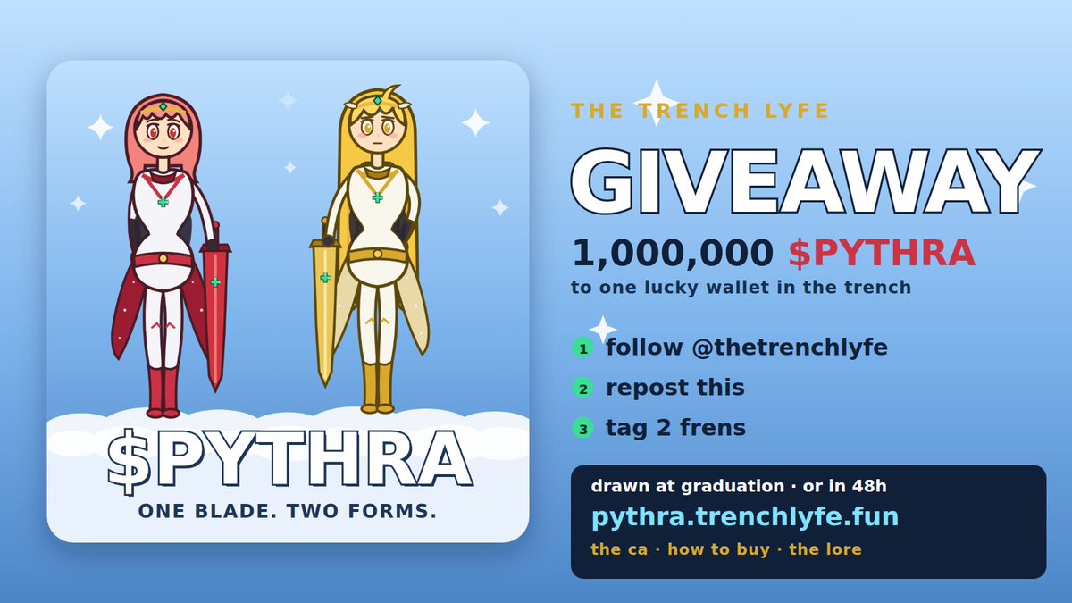 TheTrenchLyfe's tweet photo. @ije3030 @TheBULLCATTTT Fellow $BULLCAT survivor here...starting an actual community, not built on deceit. Check this one out:

1,000,000 $pythra to one lucky wallet.  
👉follow @thetrenchlyfe
🚀repost this 
⚡️tag 2 frens  drawn at graduation, or in 48h. https://t.co/8Ezxda3S8h https://t.co/HdkvvXFAxZ