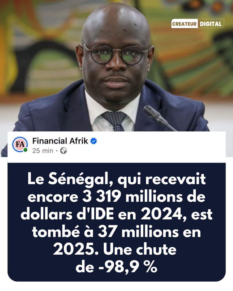 BakhdadO's tweet photo. Le Sénégal, qui recevait encore 3 319 millions de dollars d'IDE en 2024, est tombé à 37 millions en 2025. Une chute de -98,9 %... selon Financial Afrik https://t.co/7NjOjrx1fi