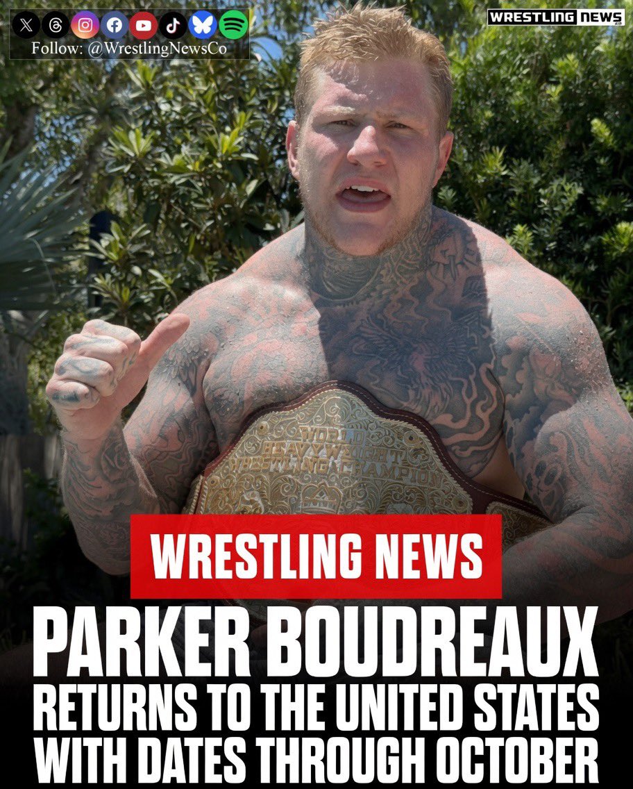 WrestlingNewsCo's tweet photo. Parker Boudreaux (@TheParkerB_) is back in the United States. In a video posted Friday on X, Boudreaux said, “It’s the BFD, Parker Boudreaux. I just got back dominating in Japan. So much so that the Japan GLEAT president called me the greatest fighter in the world. I’m back in the USA. August 30th, I am making my Nickel City Wrestling debut, and I am defending the big gold belt. No one is going to take this big gold belt from me.”

Boudreaux also posted his upcoming schedule: July 25 in Laredo, TX (Amazing Pro Wrestling), August 15 in Chester, IL (Midwest Throwdown), August 29 in South Bend (RCW), August 30 in Buffalo (Nickel City Wrestling), September 19 in Hollywood, FL (UFW), and October 3 in Gainesville (UFW), with more shows to be announced.

#ParkerBoudreaux #IndieWrestling #GLEAT #NickelCity #WrestlingNews