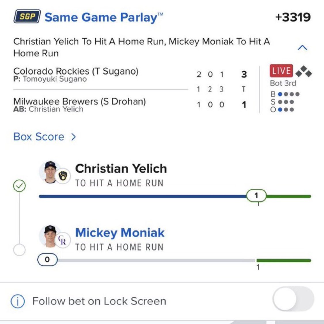 kyongss's tweet photo. 🍀 One more home run is all that’s needed. Let’s finish strong!

❤️ Like • 🔁 Repost • 💬 Does Moniak send this ticket to the cashier?

#MLB #MLBPicks #HomeRunParlay #SameGameParlay #LiveBet #SportsBetting #Baseball #MLBTwitter #DavisParlay #WinBig https://t.co/wid1g0kzis