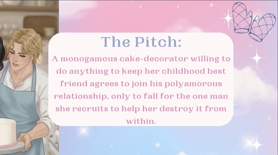 SavMcMillan's tweet photo. A cake-decorator willing to do anything to keep her childhood best friend agrees to join his polycule, only to fall for the man she recruits to help her destroy it from within.

🧁 fake dating

🧁 messy women

🧁 he falls first

#QuestPit #Q #R https://t.co/yq4T7GMv7g