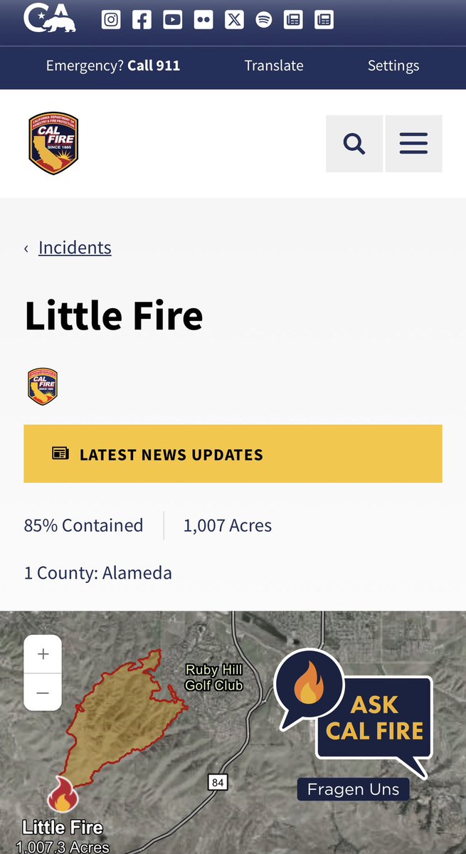 calfireSCU's tweet photo. [Incident Update] Work continues on the #LittleFire, which is now sitting at 85% containment!
Crews are on the line today and will continue their efforts through tomorrow as they push toward 100% containment. 🚒
#CALFIRE https://t.co/8eb8NjG3JI