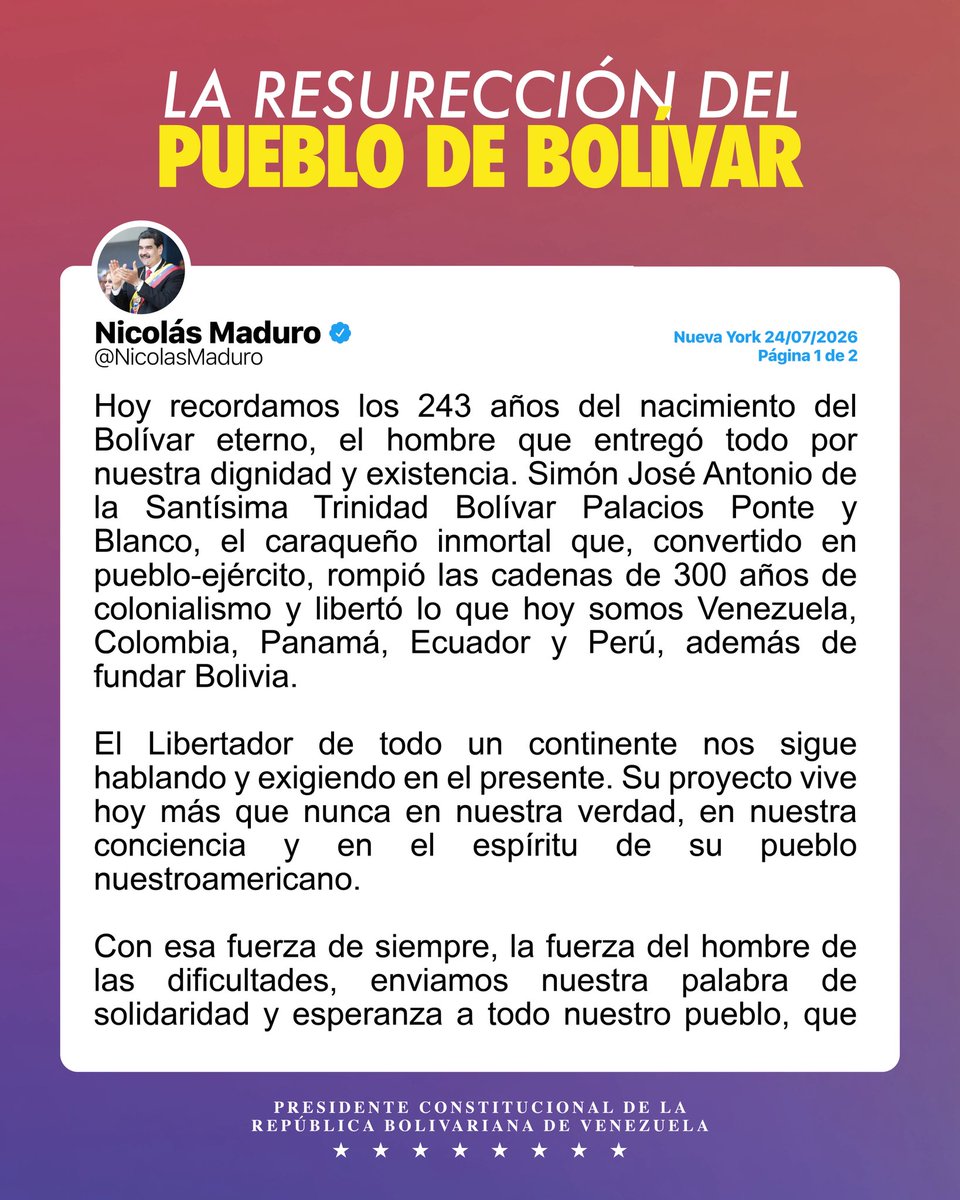 nicmaduroguerra's tweet photo. Al cumplirse 243 años del nacimiento de nuestro Libertador Simón Bolívar, el hombre que entregó todo por nuestra dignidad y existencia, podemos decir con orgullo que su proyecto vive hoy más que nunca en la verdad, conciencia y en el espíritu de su pueblo nuestroamericano.

Con Bolívar en el alma, con Cristo en el corazón y con el pueblo unido en acción solidaria, nuestro país volverá a levantarse. ¡Venezuela vencerá!