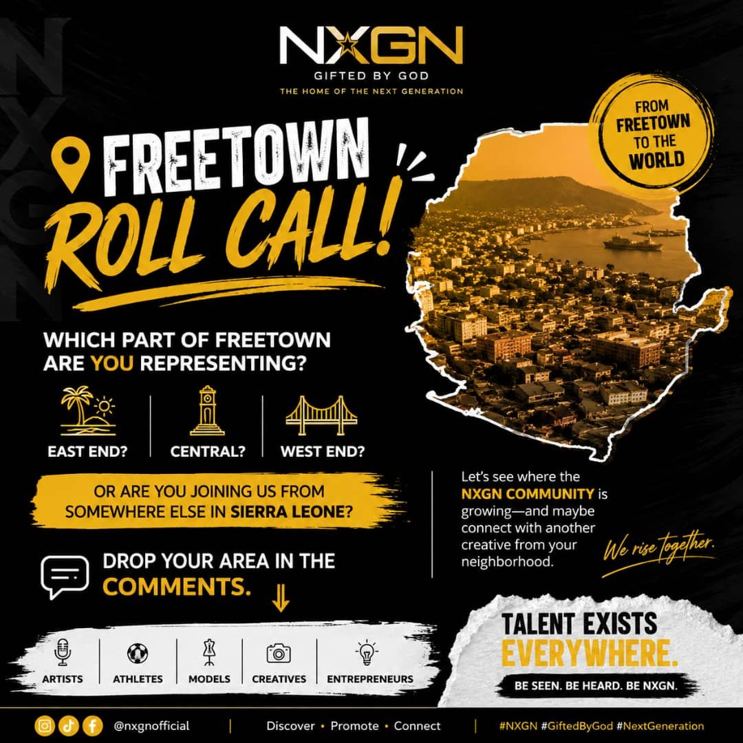 nxgnofficial's tweet photo. 📍 Roll Call, Sierra Leone! 🇸🇱
Where are you representing from? Drop your district, town, or community below. 👇🏾
Talent lives everywhere—let's prove it. 🚀
#NXGN #GiftedByGod #SierraLeone #NextGeneration https://t.co/BJgxBkshzM
