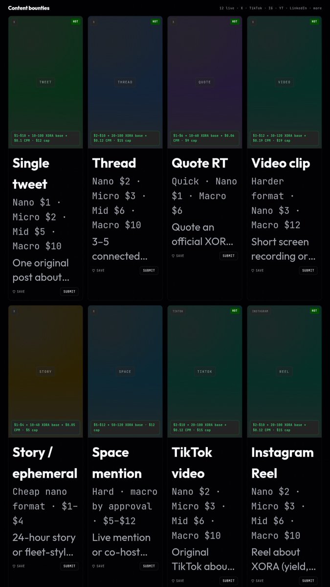 uncoolprecious's tweet photo. you're spending hours chasing thread contests that only three people will win.

meanwhile there's a marketplace out there that pays per post submitted. no leaderboard or competing against 500 people for one prize.

@xora_finance has a bounty marketplace for creators. nd earning on there isn't even just the bounty side.. you can also deposit XRP, earn real yield, and spend with the Xora Visa card. but let's focus on the creator part for a min.

here's how to get in anon:
• sign up on https://t.co/pIDduFS4vu
• click "start earning"
• bottom left menu -> bounties
• pick bounty according to platform - X, LinkedIn, Instagram, TikTok, Reddit all supported
create your post/thread/video
• submit
• get approved -> get paid in real, withdrawable XRP

you simply make quality content, it passes review, you earn in XRP.

content bounties pay $3 to $25+ per post on X, TikTok, Instagram, YouTube and LinkedIn. pay is directly proportional to reach.

if you're already making crypto content and getting nothing for it, this is free money sitting on the table.

get started on xora & start earning 👇🏾
https://t.co/WYO67DLttV