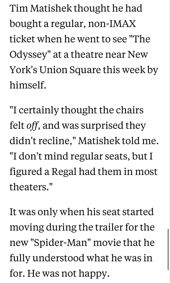 katienotopoulos's tweet photo. It came to my attention that there is a small yet hilarious group of people who accidentally went to a 4D showing of “The Odyssey” not aware they’d be sprayed with water and shaken in their seats. https://t.co/pQQzcq7BRb