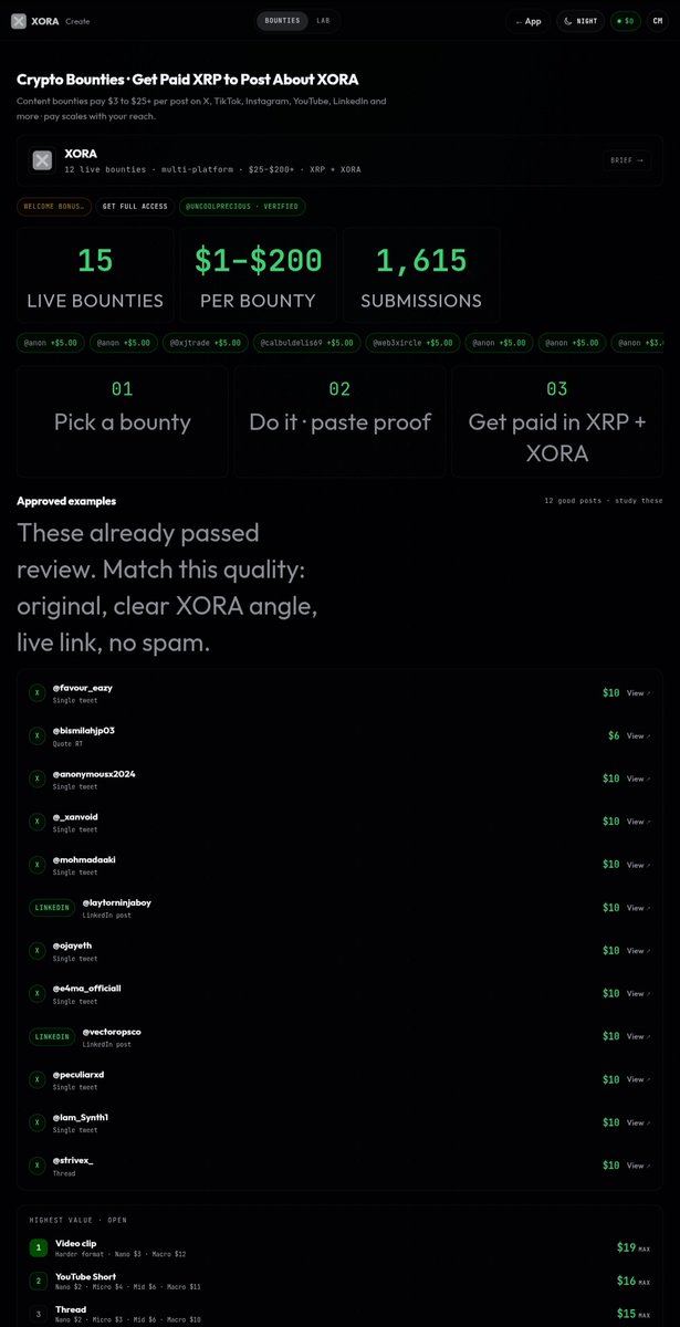 uncoolprecious's tweet photo. you're spending hours chasing thread contests that only three people will win.

meanwhile there's a marketplace out there that pays per post submitted. no leaderboard or competing against 500 people for one prize.

@xora_finance has a bounty marketplace for creators. nd earning on there isn't even just the bounty side.. you can also deposit XRP, earn real yield, and spend with the Xora Visa card. but let's focus on the creator part for a min.

here's how to get in anon:
• sign up on https://t.co/pIDduFS4vu
• click "start earning"
• bottom left menu -> bounties
• pick bounty according to platform - X, LinkedIn, Instagram, TikTok, Reddit all supported
create your post/thread/video
• submit
• get approved -> get paid in real, withdrawable XRP

you simply make quality content, it passes review, you earn in XRP.

content bounties pay $3 to $25+ per post on X, TikTok, Instagram, YouTube and LinkedIn. pay is directly proportional to reach.

if you're already making crypto content and getting nothing for it, this is free money sitting on the table.

get started on xora & start earning 👇🏾
https://t.co/WYO67DLttV