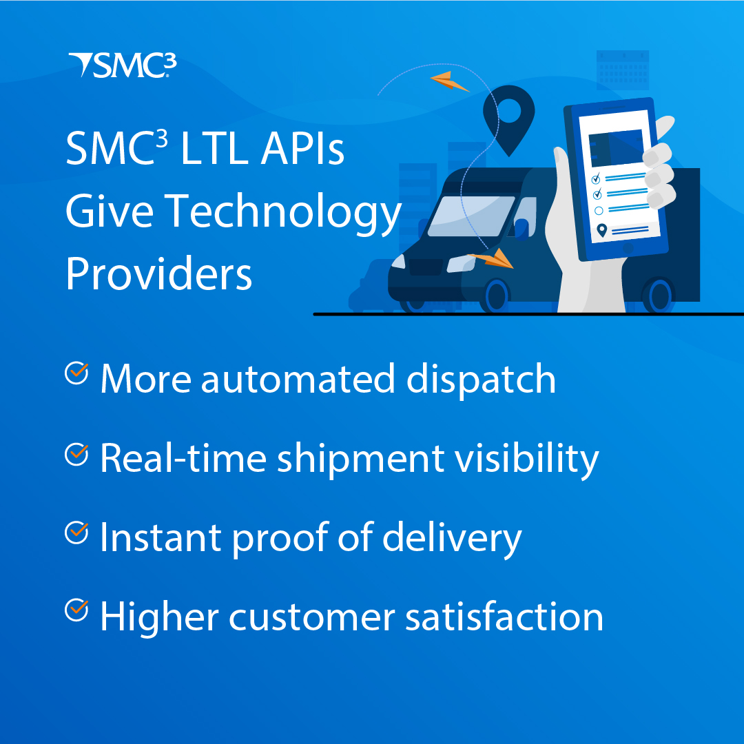SMC3_Inc's tweet photo. 🚚 📋 From dispatch to delivery, SMC³ LTL APIs help power a more connected shipping experience. Gain real-time visibility, automate workflows, and provide customers with the updates they need—when they need them.

#LTL #APIs #visibility #shippers #carriers #transportation https://t.co/99MThkSWAn