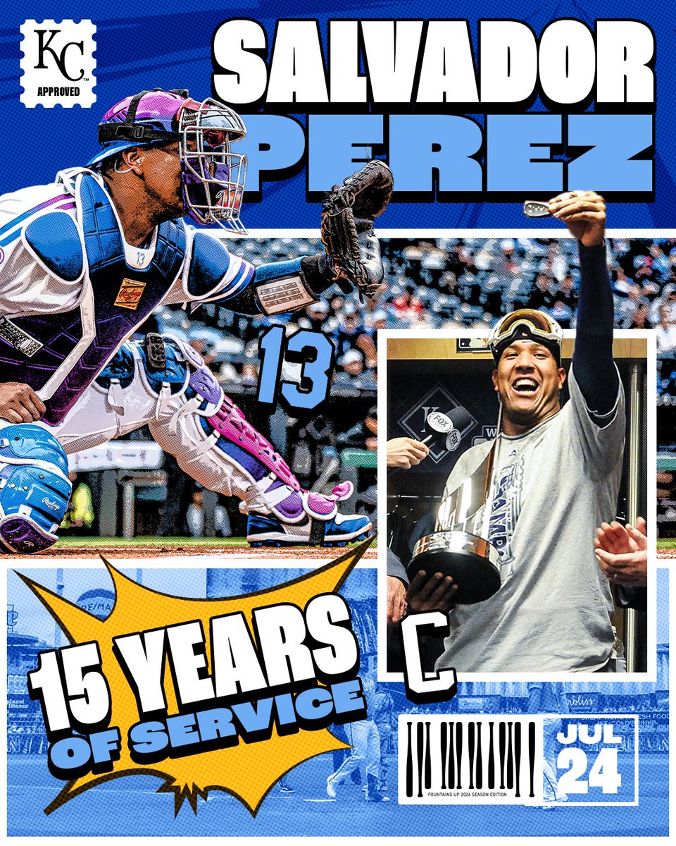 Royals's tweet photo. 15 years of leadership, splashes, and so many smiles. 

Congratulations to our Captain on reaching 15 years of MLB service time! 🫡 https://t.co/UImAsiYgbs
