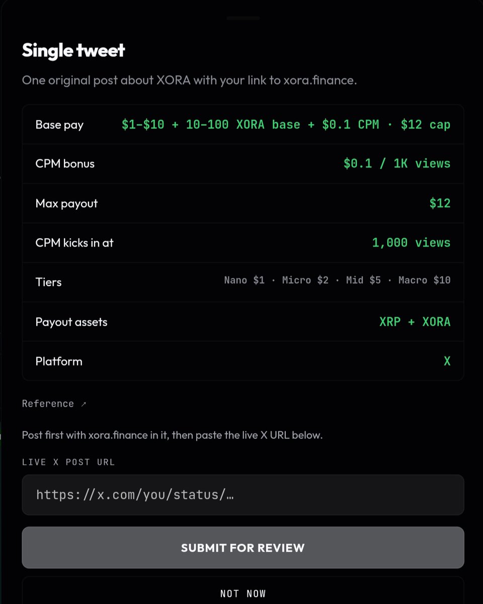 uncoolprecious's tweet photo. you're spending hours chasing thread contests that only three people will win.

meanwhile there's a marketplace out there that pays per post submitted. no leaderboard or competing against 500 people for one prize.

@xora_finance has a bounty marketplace for creators. nd earning on there isn't even just the bounty side.. you can also deposit XRP, earn real yield, and spend with the Xora Visa card. but let's focus on the creator part for a min.

here's how to get in anon:
• sign up on https://t.co/pIDduFS4vu
• click "start earning"
• bottom left menu -> bounties
• pick bounty according to platform - X, LinkedIn, Instagram, TikTok, Reddit all supported
create your post/thread/video
• submit
• get approved -> get paid in real, withdrawable XRP

you simply make quality content, it passes review, you earn in XRP.

content bounties pay $3 to $25+ per post on X, TikTok, Instagram, YouTube and LinkedIn. pay is directly proportional to reach.

if you're already making crypto content and getting nothing for it, this is free money sitting on the table.

get started on xora & start earning 👇🏾
https://t.co/WYO67DLttV