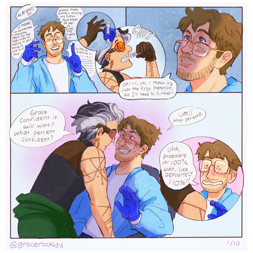 gracerockyy's tweet photo. dubious interpretation of the scientific method as foreplay, the #rocktiz comic. all pages in order (hopefully) in replies. #gracerocky (pg 1,2) https://t.co/BvNYs5um88