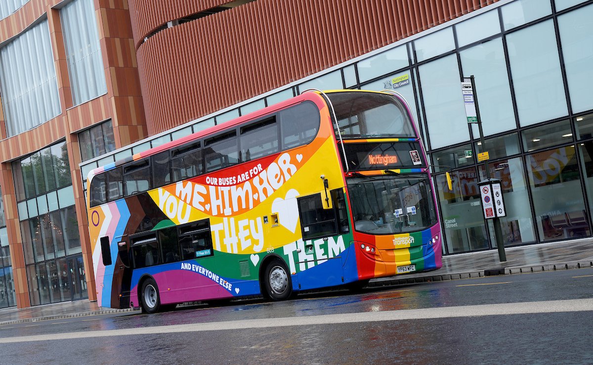 NCT_Buses's tweet photo. 🏳️‍🌈 It’s Pride Day in Nottingham! 🏳️‍🌈

There are diversions on Navy, Green, Lilac, Orange, Red and Turquoise Lines in the City Centre area while the Notts Pride Parade takes place, between approximately 10:15–15:30.

Details: https://t.co/BCMNSReTFU https://t.co/JXm3KioIfk