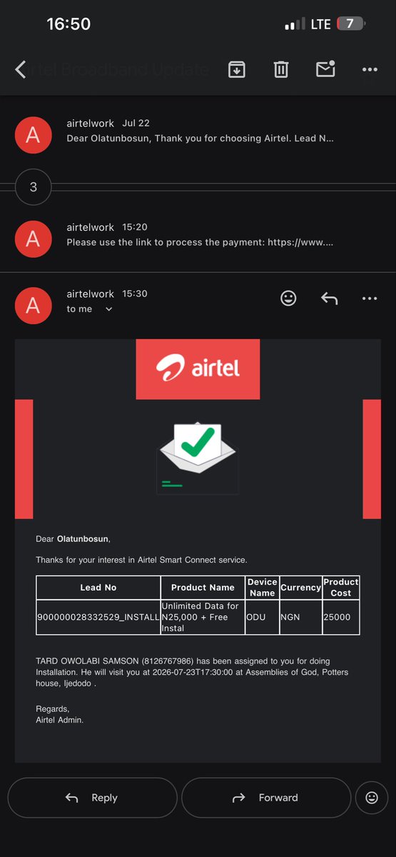 kingswaggstudio's tweet photo. @AirtelNigeria After purchasing Odu 5g router, you assigned an installer for me since yesterday 23/07/2026 till date the installer refused to show up telling me he can’t come because it will affect him. I’ll attach all the necessary screenshots for your reference. https://t.co/5EKWf4E372