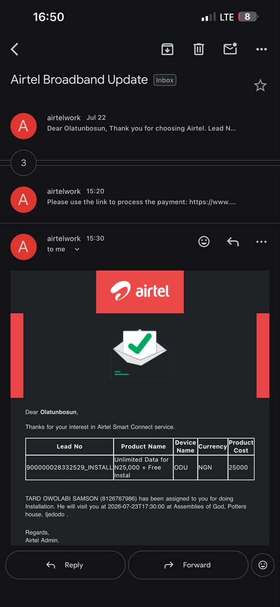 kingswaggstudio's tweet photo. @AirtelNigeria After purchasing Odu 5g router, you assigned an installer for me since yesterday 23/07/2026 till date the installer refused to show up telling me he can’t come because it will affect him. I’ll attach all the necessary screenshots for your reference. https://t.co/5EKWf4E372