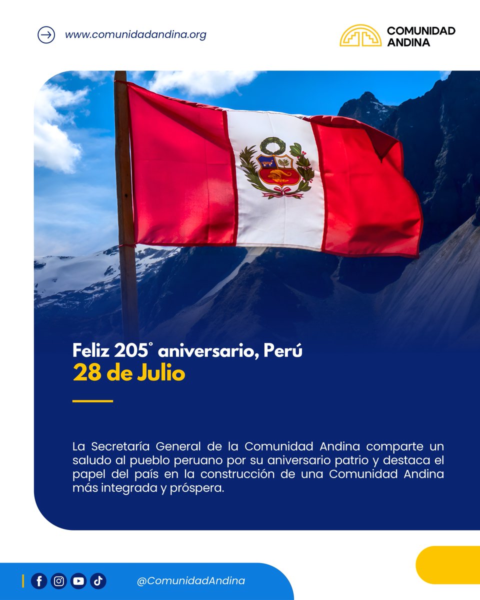ComunidadAndina's tweet photo. La Secretaría General de la #ComunidadAndina saluda a la República del #Perú 🇵🇪 por la conmemoración del 205° aniversario de su independencia.

¡Felices Fiestas Patrias, Perú! 🇵🇪 https://t.co/iPOreZohu0
